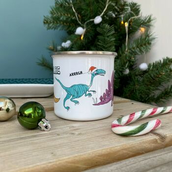 Dinosaur Enamel Mug Christmas Version, 4 of 7