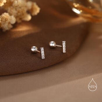 Sterling Silver Extra Tiny Cz Bar Screw Back Earrings, 3 of 11