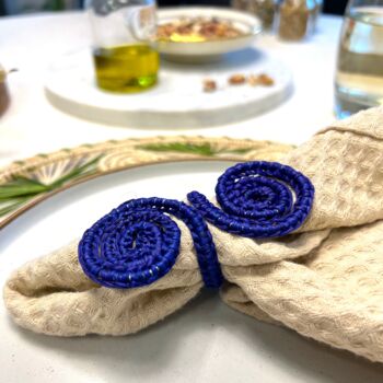 Set X Four Woven Natural Iraca Blue Spiral Napkin Rings, 2 of 5