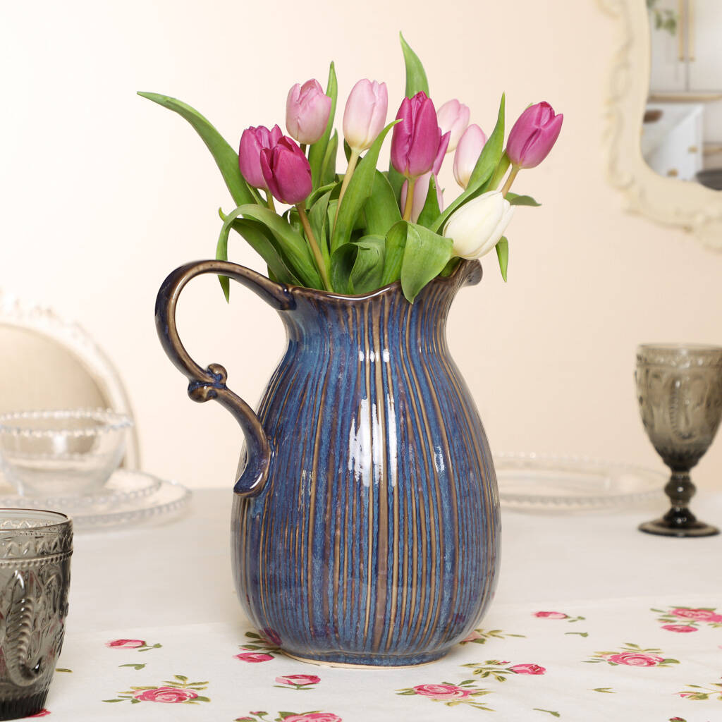 Spring Blue Ribbed Ceramic Jug Vase By Dibor