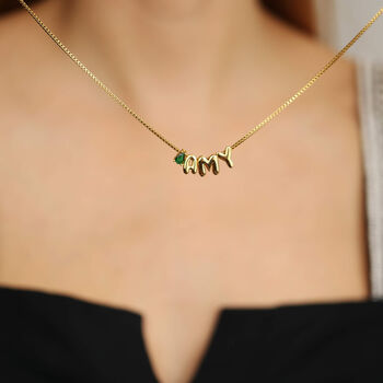 Personalised Name Necklace In Bubble Font With Birthstone, 5 of 12