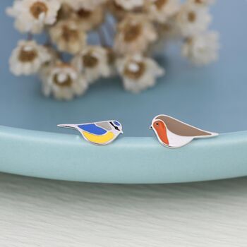 Mismatched Robin And Blue Tit Bird Stud Earrings In Sterling Silver, 7 of 12