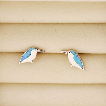 Sterling Silver Opal Kingfisher Bird Stud Earrings, 4 of 11