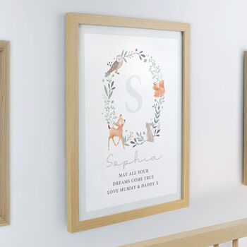 Woodland Initial Oak Framed Print For New Baby, 2 of 2