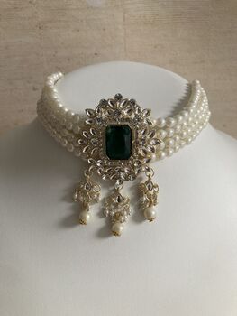 Emerald Green Gold Plated Kundan And Pearl Choker Set, 5 of 10