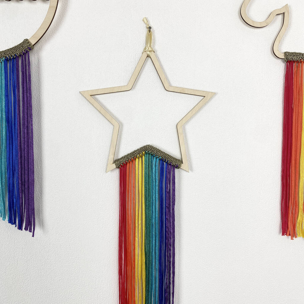 Wooden Star With Luxury Rainbow Knitted Fringing, 1 of 12