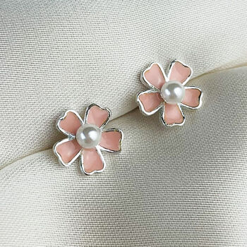 Sterling Silver Pink Flower Pearl Stud Earrings, 4 of 6