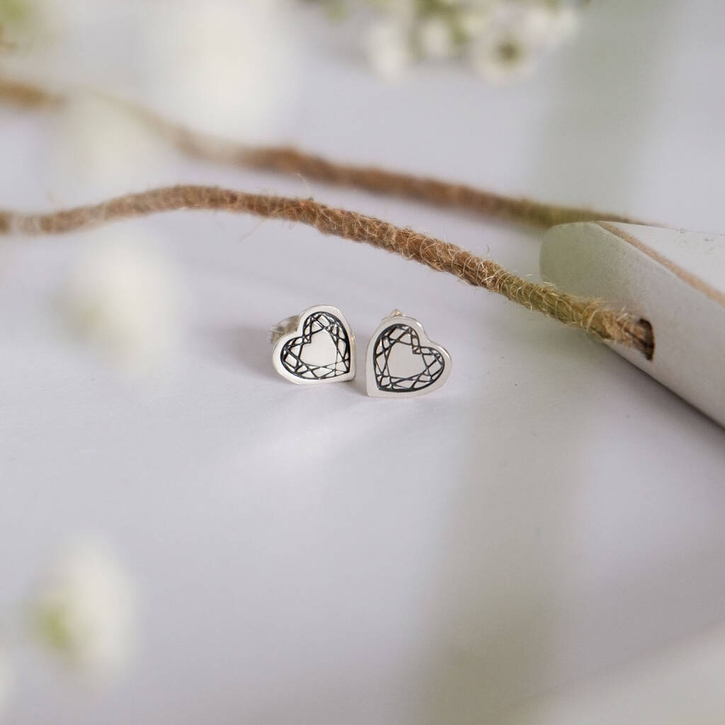 Handmade Gem Heart Stud Earrings By Homebird Jewellery