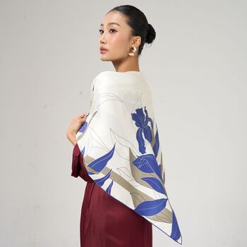 100% Mulberry Silk Scarf, Navy Botanical, Luxury Gift For Her In Gift Box, 4 of 4