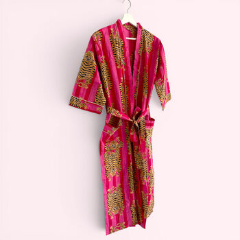 Pink Tiger Print 100% Cotton Dressing Gown, 3 of 6