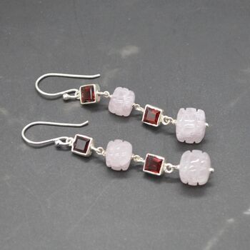 Pink Jade Red Garnet Silver Earrings, 3 of 5