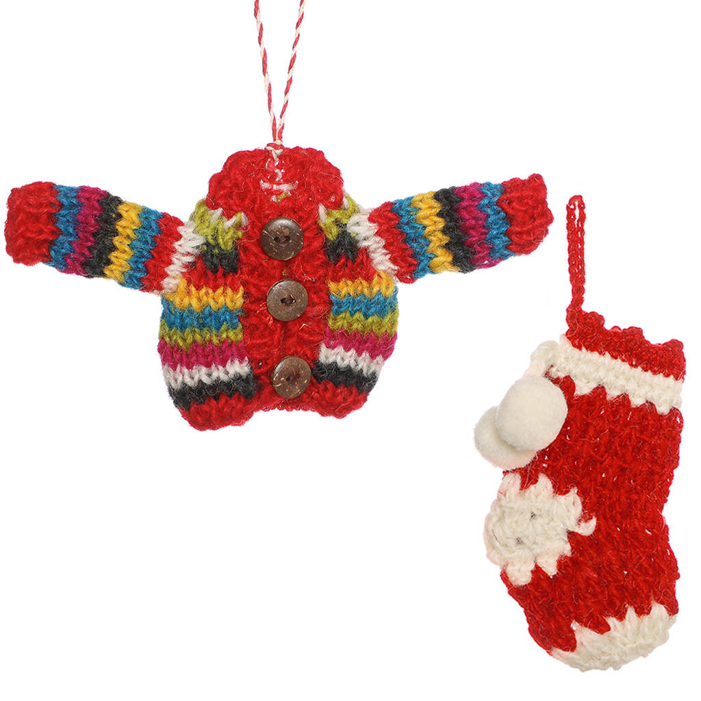 Set Of Two Fair Trade Knitted Hanging Decorations By Dibor