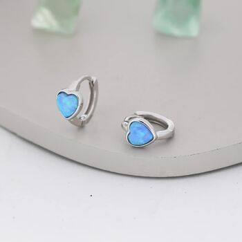 Blue Opal Heart Huggie Hoop Earrings Sterling Silver, 5 of 12