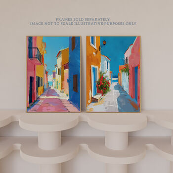 Set Three Wall Art Prints Colourful Village Sea Greek, 6 of 7