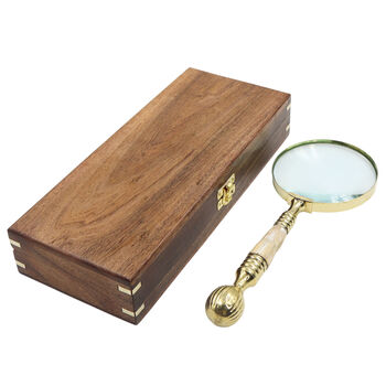 Mother Of Pearl Brass Magnifying Glass With Wooden Box, 7 of 10