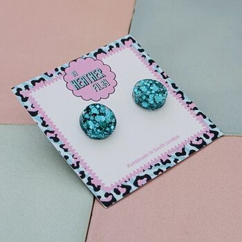 Circle Glitter Resin Stud Earrings Pink, Rainbow, Teal, Pink And Black, Neon Green, 3 of 12