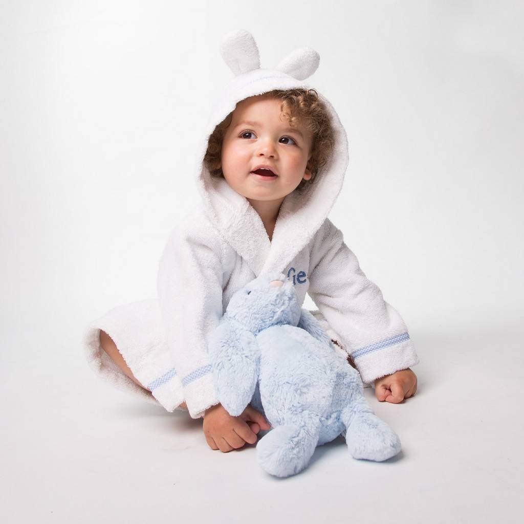 Personalised White And Blue Bathrobe With Bunny Ears, 1 of 8