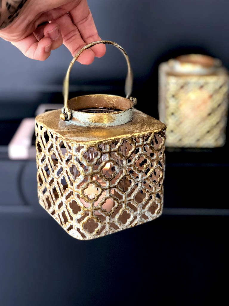 Moroccan Gold Lantern Square Candle Holder Quatrefoil By The Luxe Co