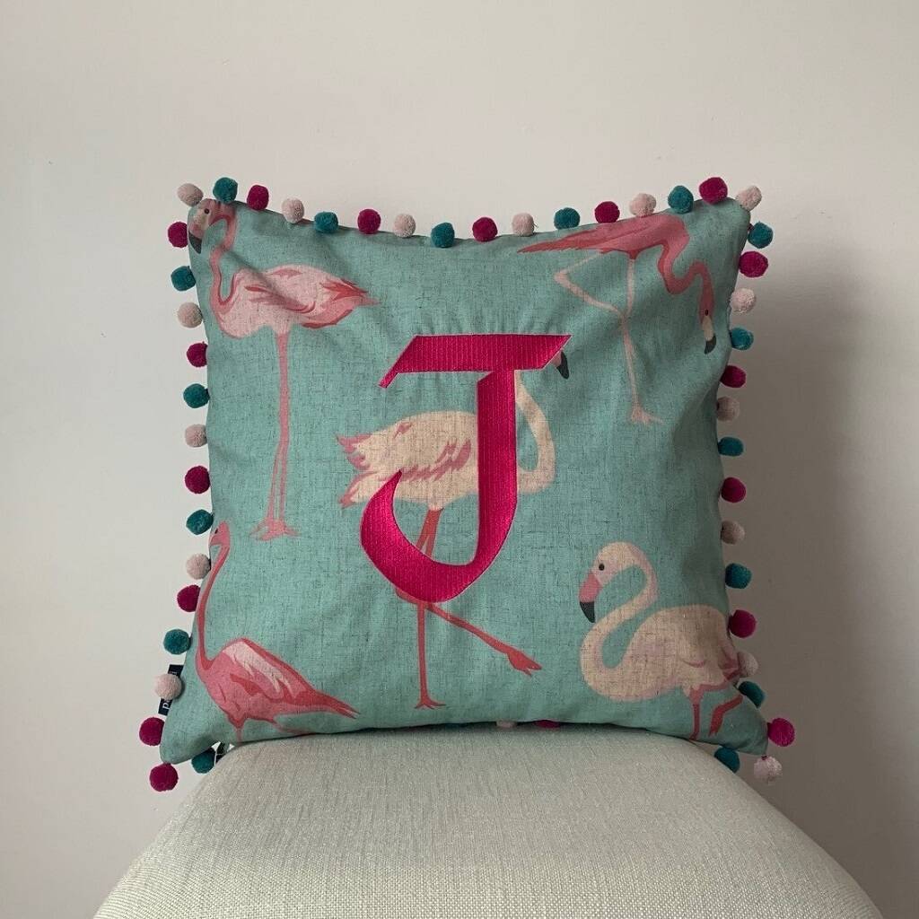 Flamingo Print Cushion Cover With Pom Pom Trim