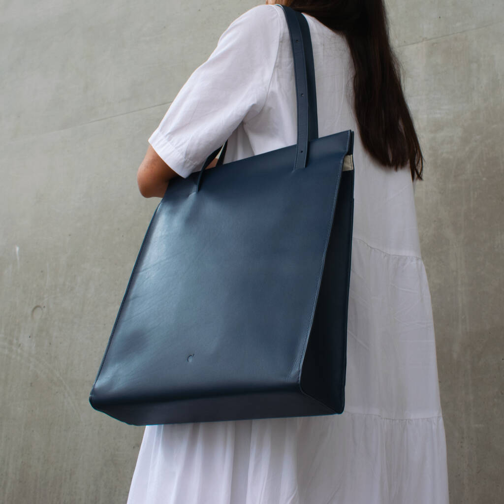 Navy Blue Adjustable Handcrafted Leather Tote Bag, 1 of 12