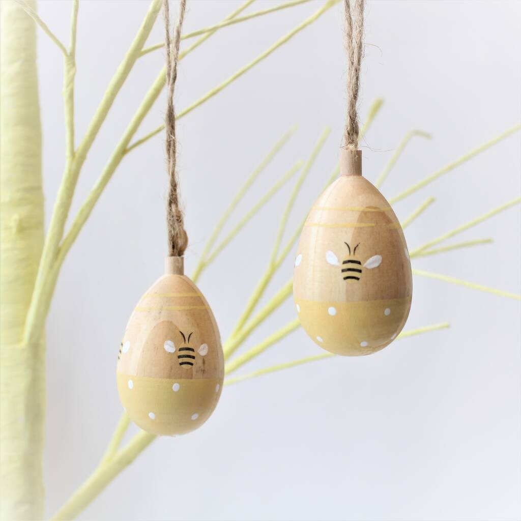 Set Of Two Wooden Hanging Easter Eggs With Painted Bees, 1 of 3