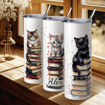 Personalised Cats And Books Insulated Hot Cold Cup Water Bottle Tumbler Style, 2 of 7