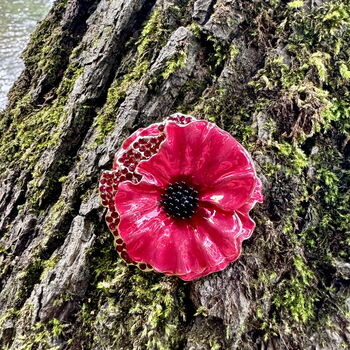 Poppy Red Flower Brooch With Siam Rhinestones, 14k Gold Plated, 4 of 6
