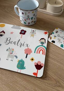 Kids Personalised Little Fairy Placemat, Coaster And Mug Dinner Set, 6 of 8