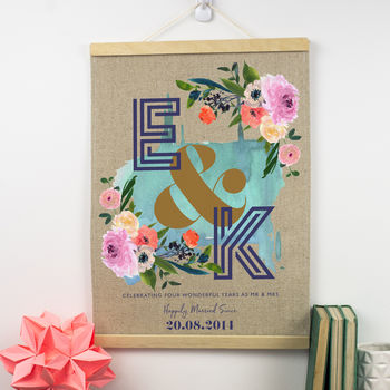 Personalised Linen Anniversary Floral Initials Print, 2 of 3