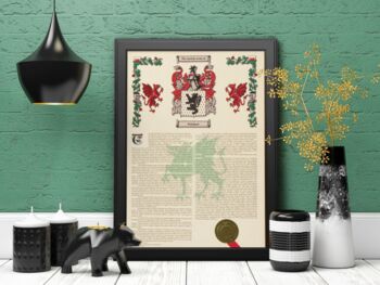 Framed Surname History Scroll With Coat Of Arms, 11 of 12