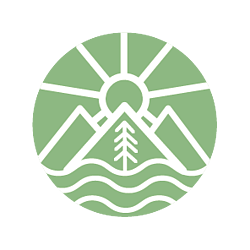 Green logo with an illustration of mountains and sea