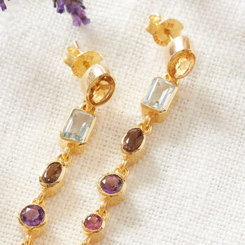 Multi Gemstone Gold Plated Silver Drop Stud Earrings, 3 of 9