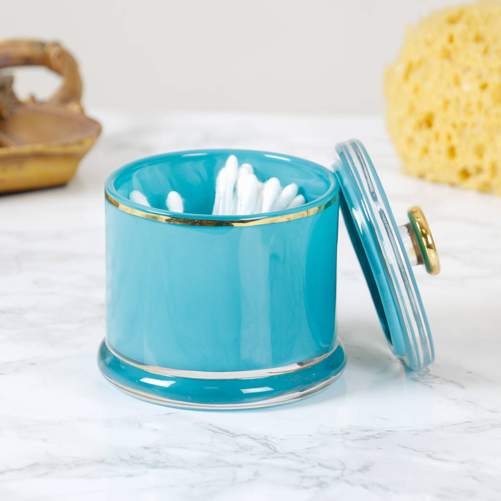 Turquoise Glass Trinket Jar With Gold Detail By Dibor