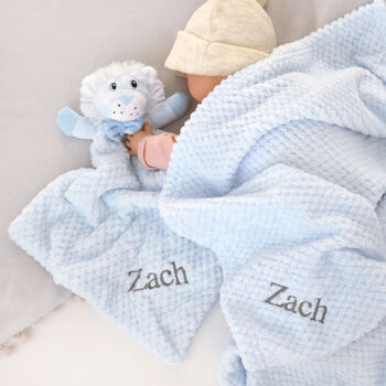 Personalised Blue Waffle Blanket And Lion Comforter Set, 3 of 10
