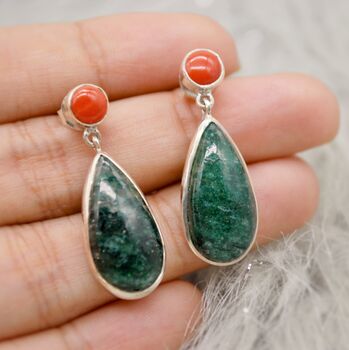 Green Emerald, Coral Sterling Silver Earrings, 9 of 9
