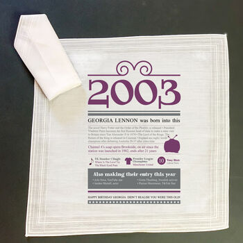 Personalised 21st Birthday Gift 2003 Handkerchief Pair, 2 of 8