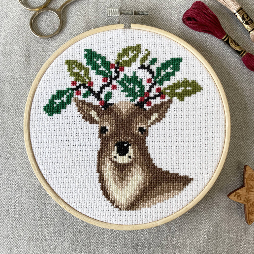 Holly Deer Cross Stitch Embroidery Kit, 1 of 3