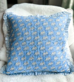 Handmade Quilted Block Print Blue Ruffle Cushion, 2 of 5