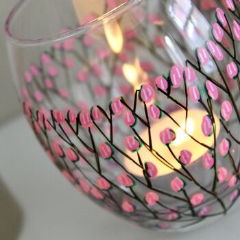 Cherry Blossom Painted Round Glass Tea Light Holder, 3 of 7