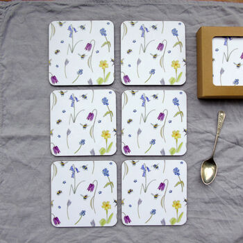 Set Of Six Spring Flower And Bee Melamine Coasters, 3 of 5