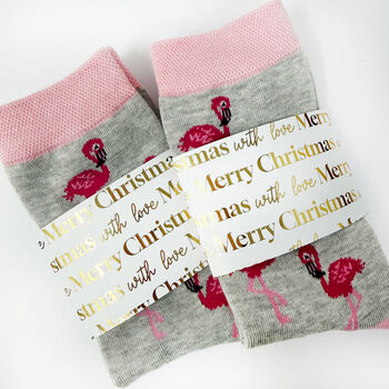 Personalised Christmas Flamingo Bamboo Socks With Gold Foil Label, 5 of 12