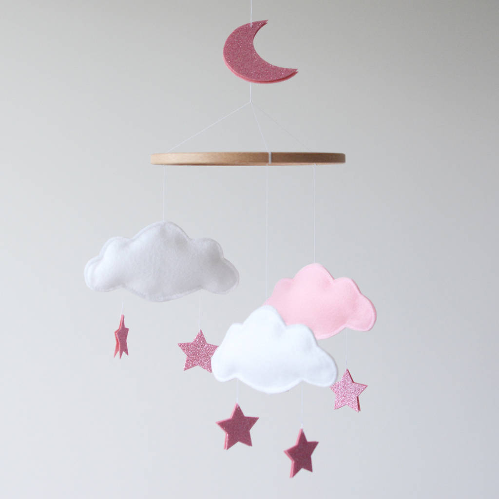 Cloud Star And Moon Baby Mobile White And Pink, 1 of 10