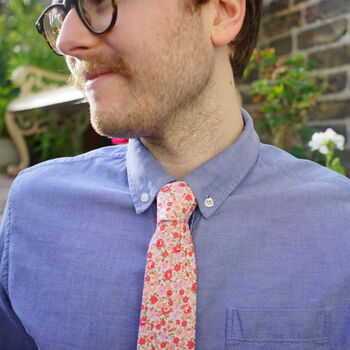 Mens Peach And Pink Ditzy Floral Slim Tie, 5 of 8