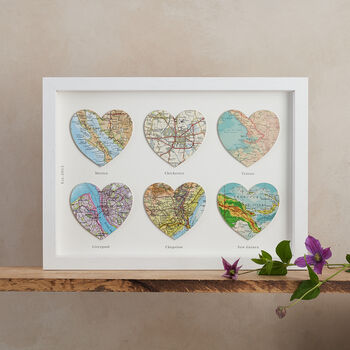 Personalised Six Map Hearts Wedding Anniversary Print, 2 of 9