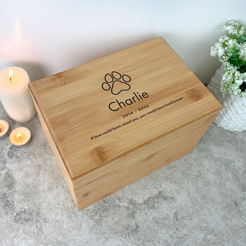 Personalised Bamboo Urn For Pet Cremation Ashes Dog/Cat Design, 3 of 12