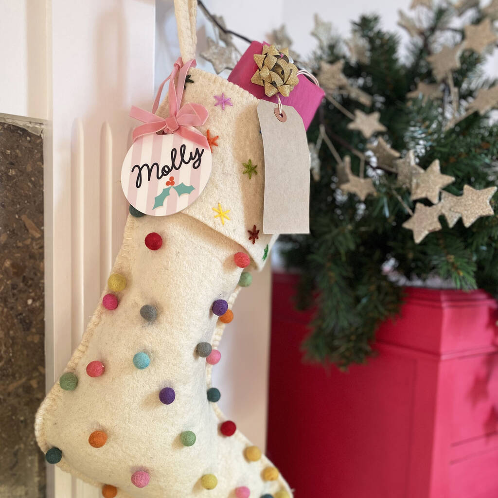 Christmas Stocking Tag Striped With Holly Design, 1 of 10