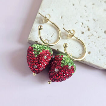 Strawberry Rhinestone Gold Plated Hoop Earrings, 5 of 6