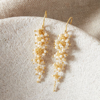 White Seed Pearl Beaded Waterfall Drop Earrings, 5 of 10