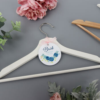 Personalised White Wedding Bride Hanger Tag Blue Rose, 2 of 5