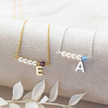 Asymmetric Pearl And Birthstone Initial Necklace, 2 of 11